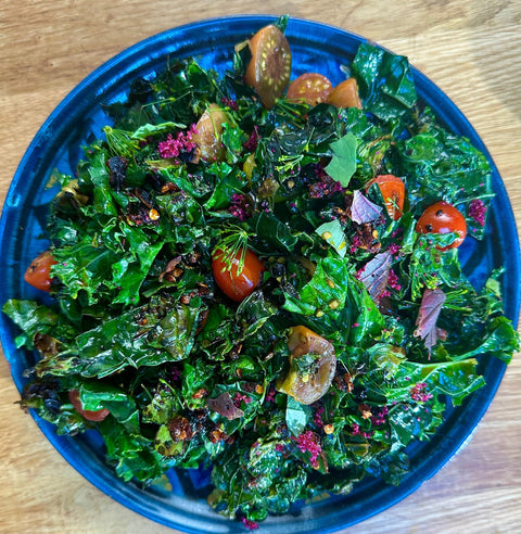 Sautéed Kale with Chili Pepp Crunch, Cherry Tomatoes & Fresh Herbs